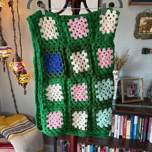 Handmade Crochet Granny Square Throw Blanket – Green Floral Cottagecore
